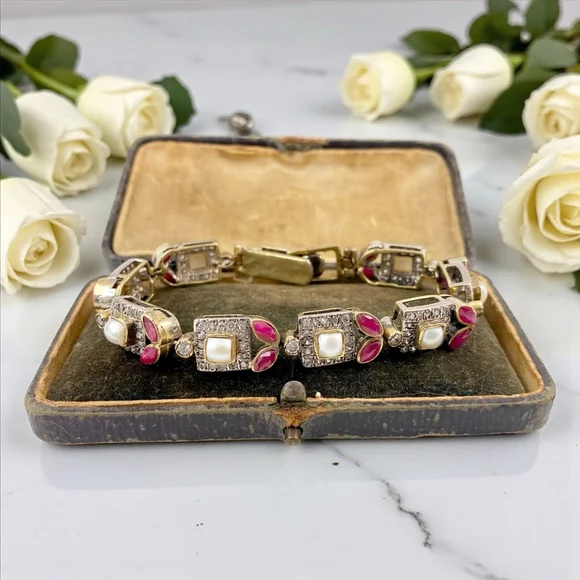 Vintage Mughal Revival Bracelet, Natural Ruby Pearl Diamond Gold Vermeil, Indian - Picture 2 of 11